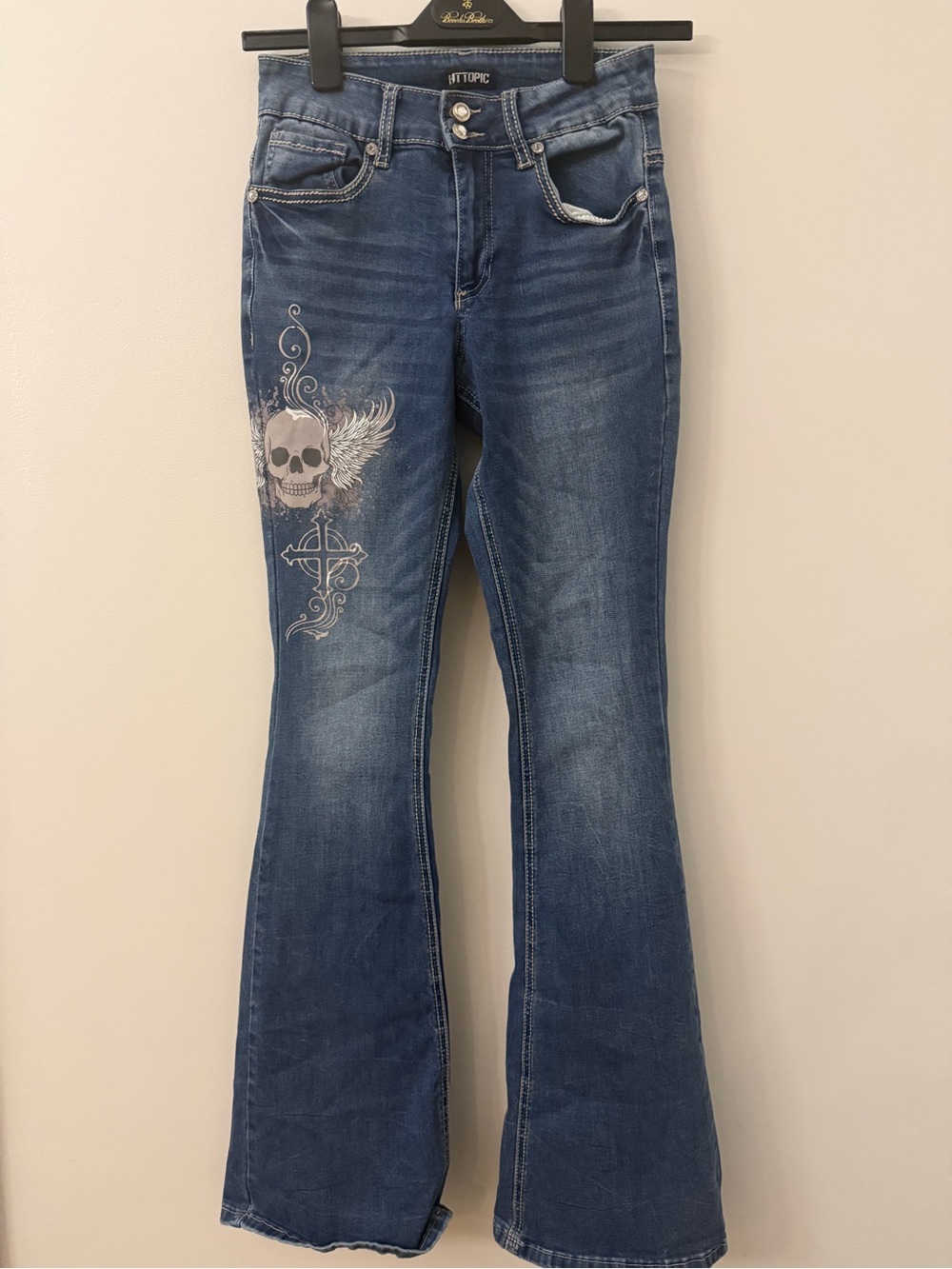 Hot Topic Jeans Women 3 Winged Skull Cross Graphic Flare Blue Stretch Y2K Style